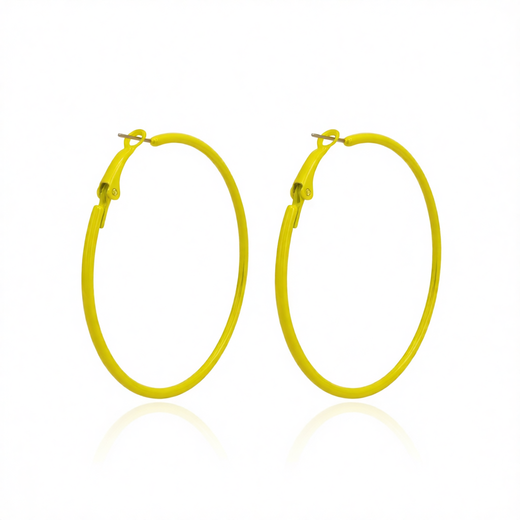 Yellow Enamel & Silvertone Hoop Earrings
