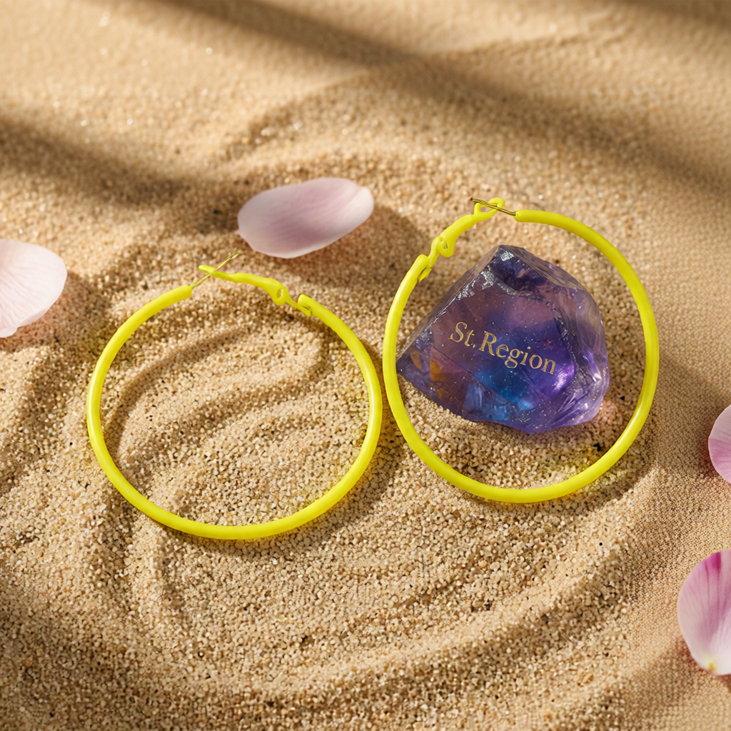 Yellow Enamel & Silvertone Hoop Earrings
