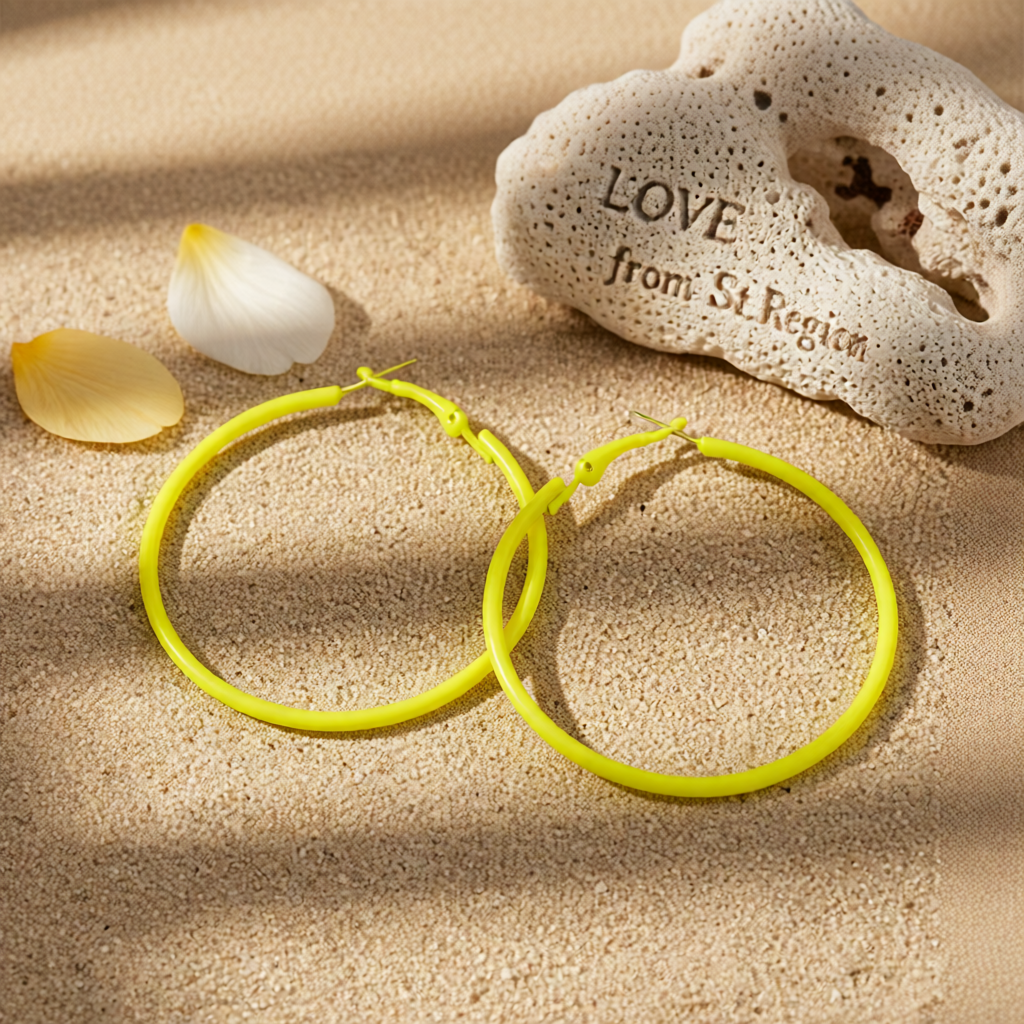 Yellow Enamel & Silvertone Hoop Earrings