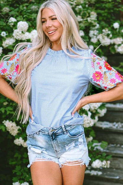 Threaded Pear Pearl Gingham Floral Embroidered Puff Sleeve Blouse
