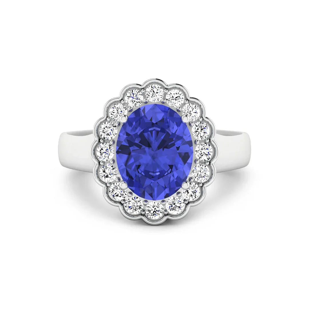 2.69 Ct Oval Violet Tanzanite and White Diamond Prong 14k Gold Halo Statement Floral Ring