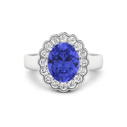 2.69 Ct Oval Violet Tanzanite and White Diamond Prong 14k Gold Halo Statement Floral Ring