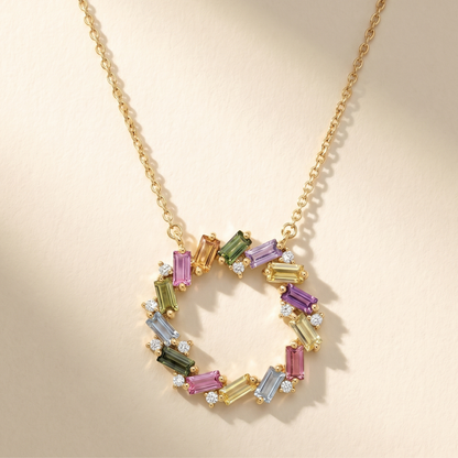IGI Certified 1.71 Ct Multi Color Unheated Sapphire Diamond 14K Yellow Gold Circle Wreath Pendant Necklace