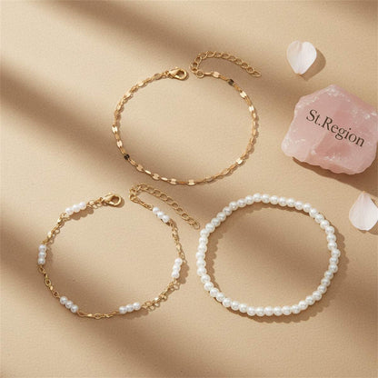 Pearl & Goldtone Beads Lip-Shape Chain Anklet Set