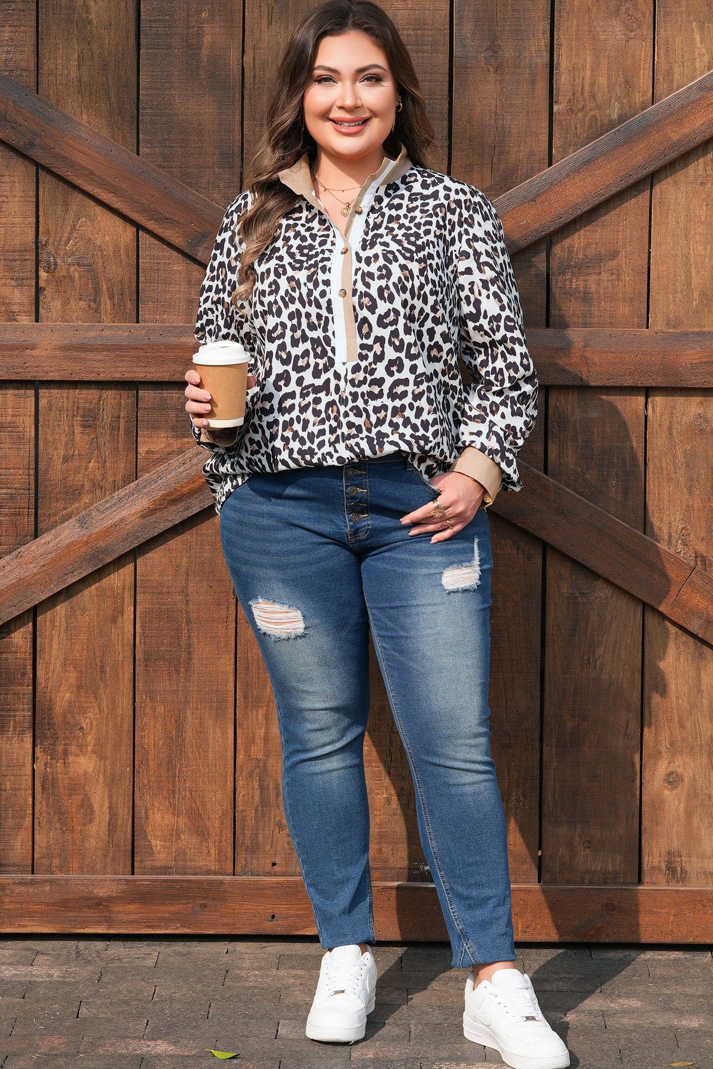 Threaded Pear Kayleigh Print Contrast Trim Long Sleeve PLUS Top