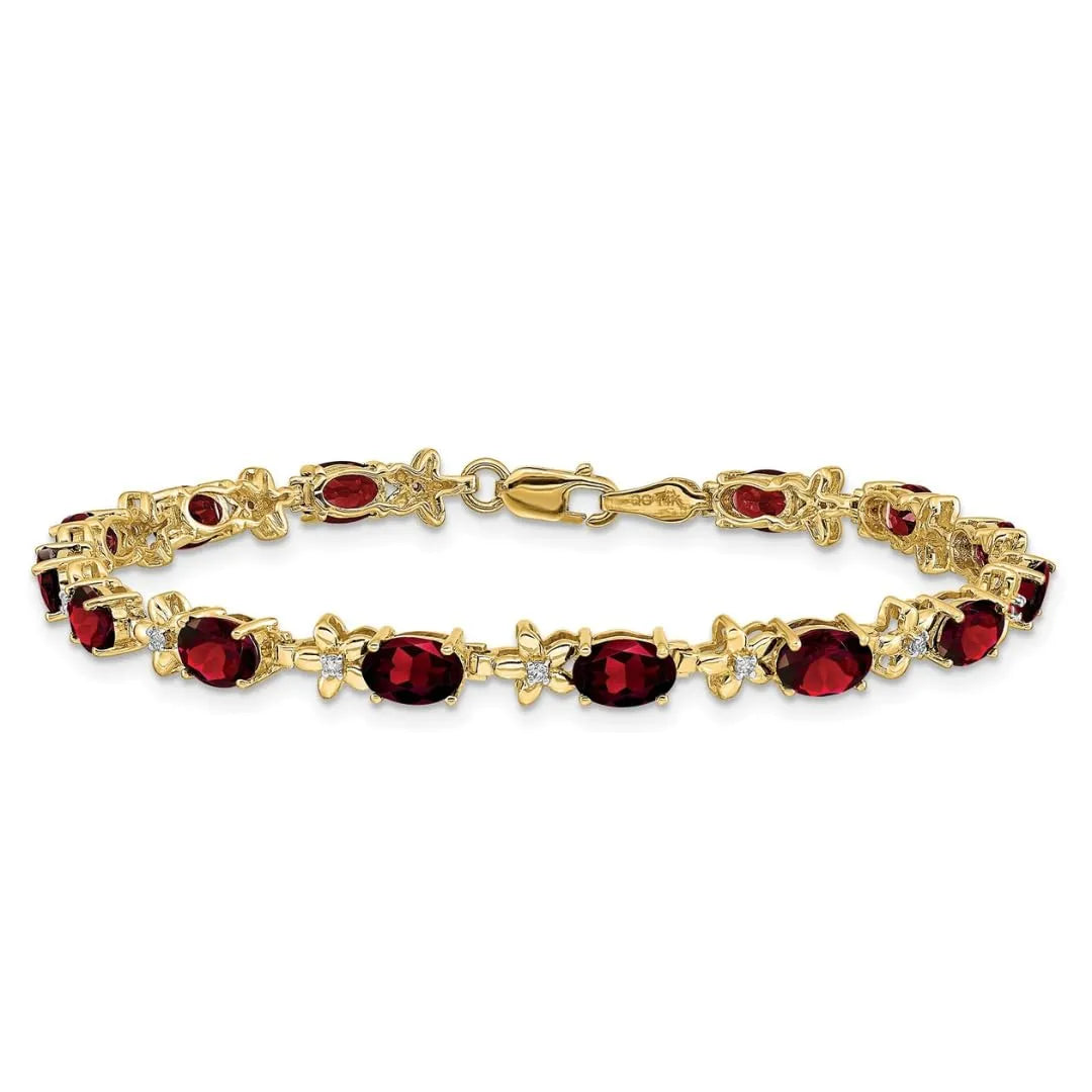 Genuine Red Garnet 14K Gold Floral Bracelet