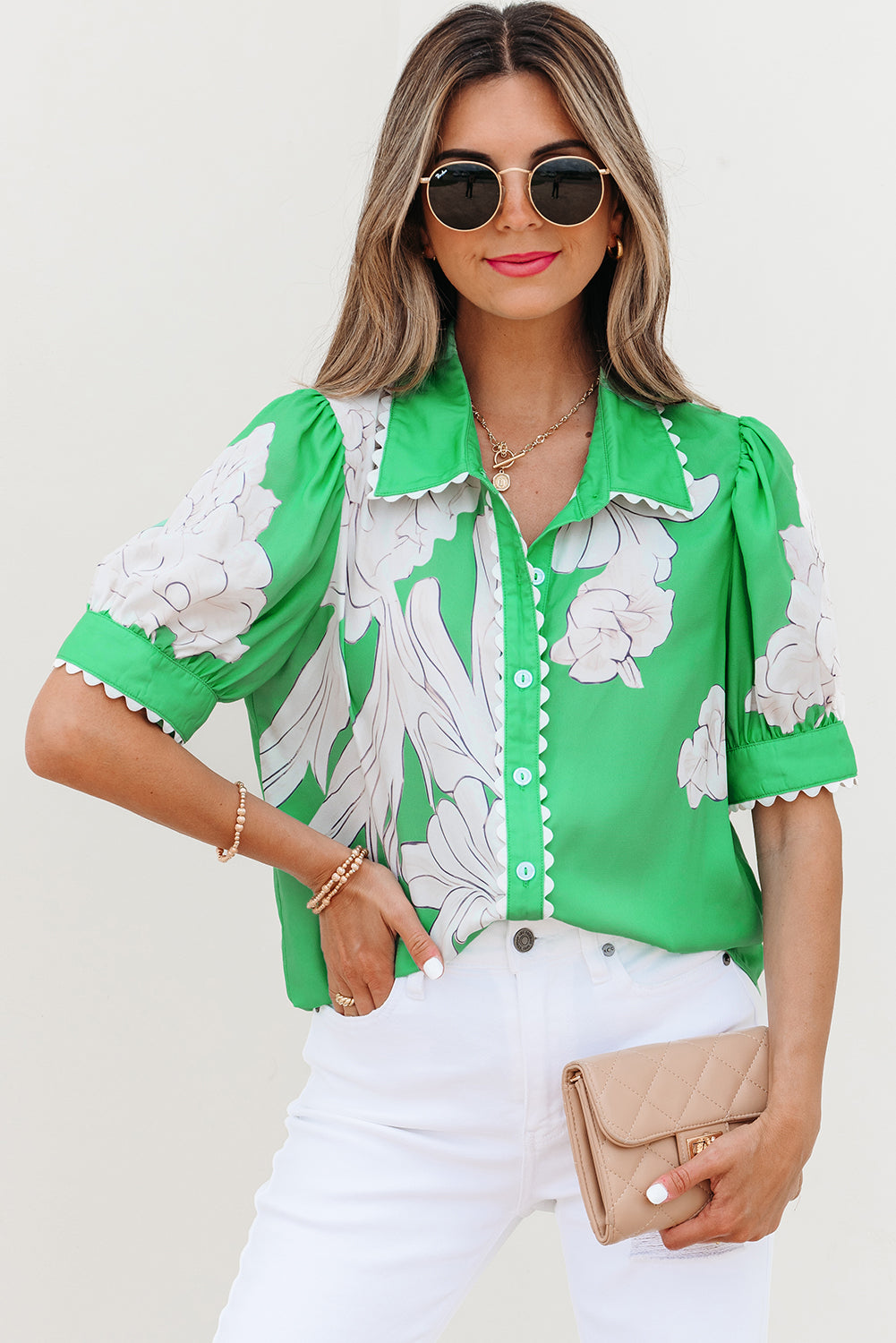 Threaded Pear Celina Floral Ric Rac Edge Sleeve Blouse