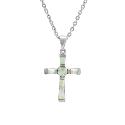 Women's Brass Genuine Opal Cross Necklace