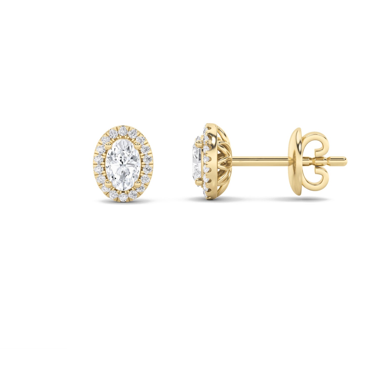 Oval Shaped Lab Grown Diamond (F/VS) Halo Stud Earrings in 14K Gold