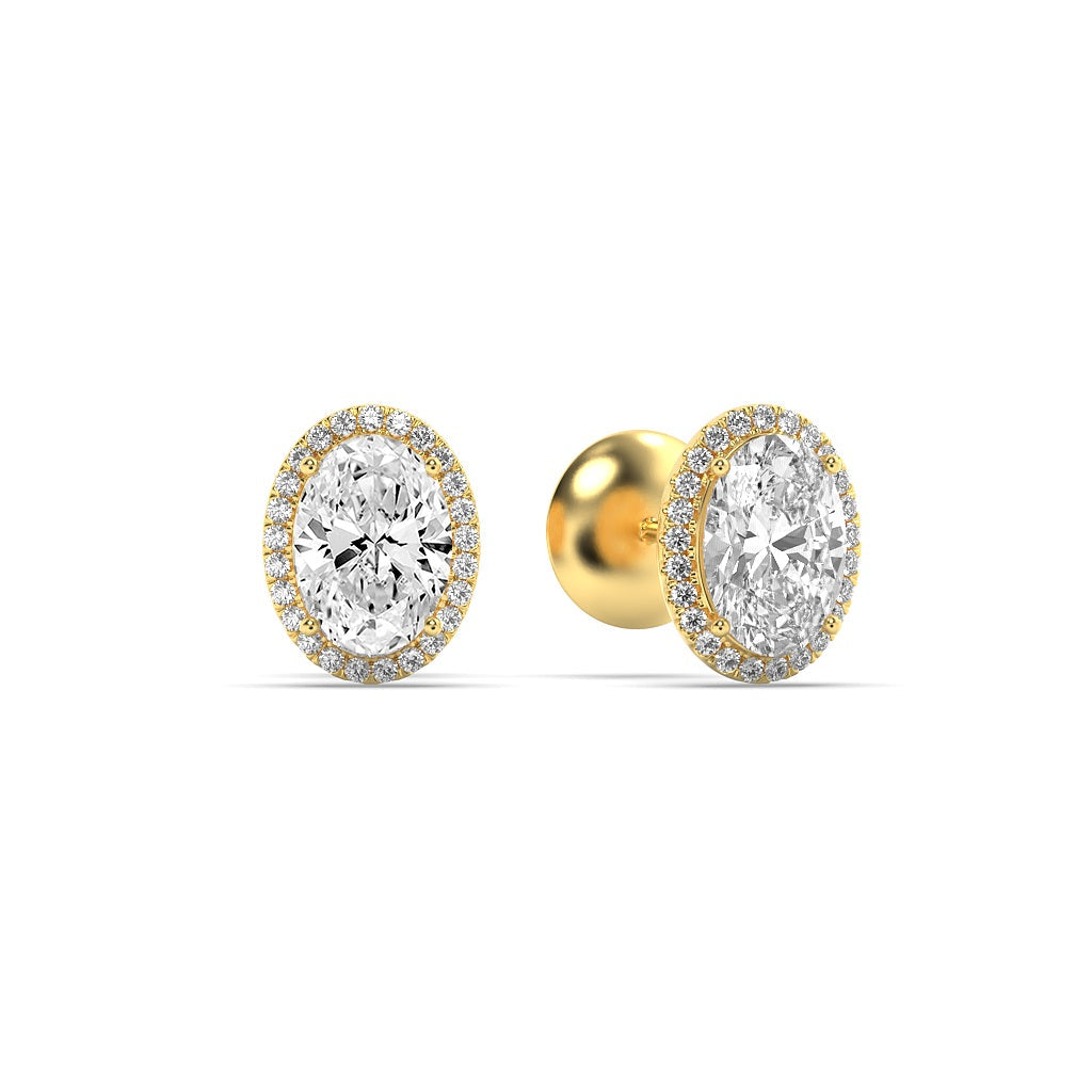 Oval Shaped Lab Grown Diamond (F/VS) Halo Stud Earrings in 14K Gold