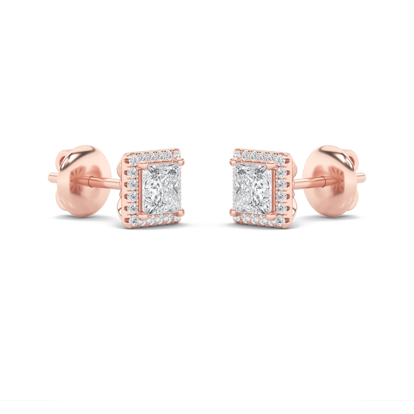 2Cttw Princess Shaped Lab Grown Diamond (F/VS) Halo Stud Earrings in 14K Gold