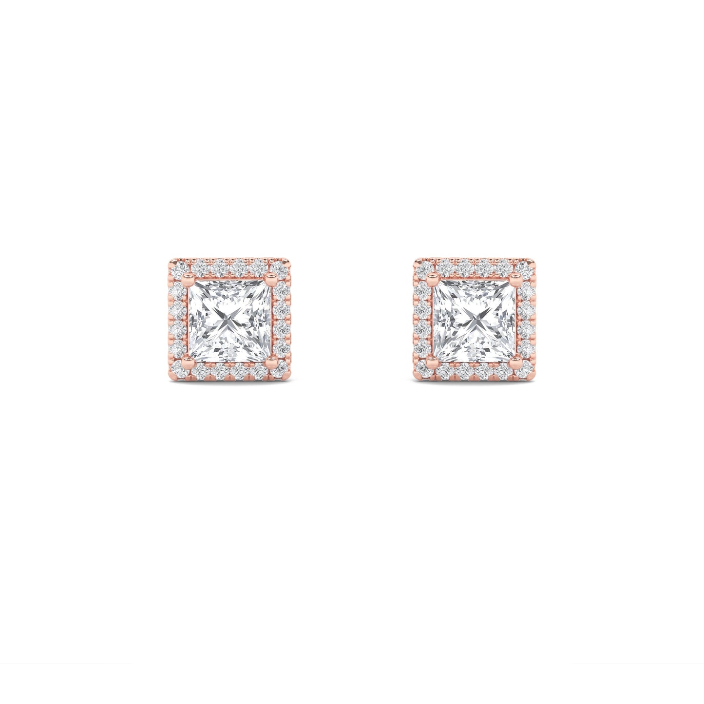 2Cttw Princess Shaped Lab Grown Diamond (F/VS) Halo Stud Earrings in 14K Gold