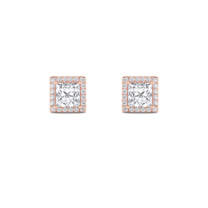 2Cttw Princess Shaped Lab Grown Diamond (F/VS) Halo Stud Earrings in 14K Gold