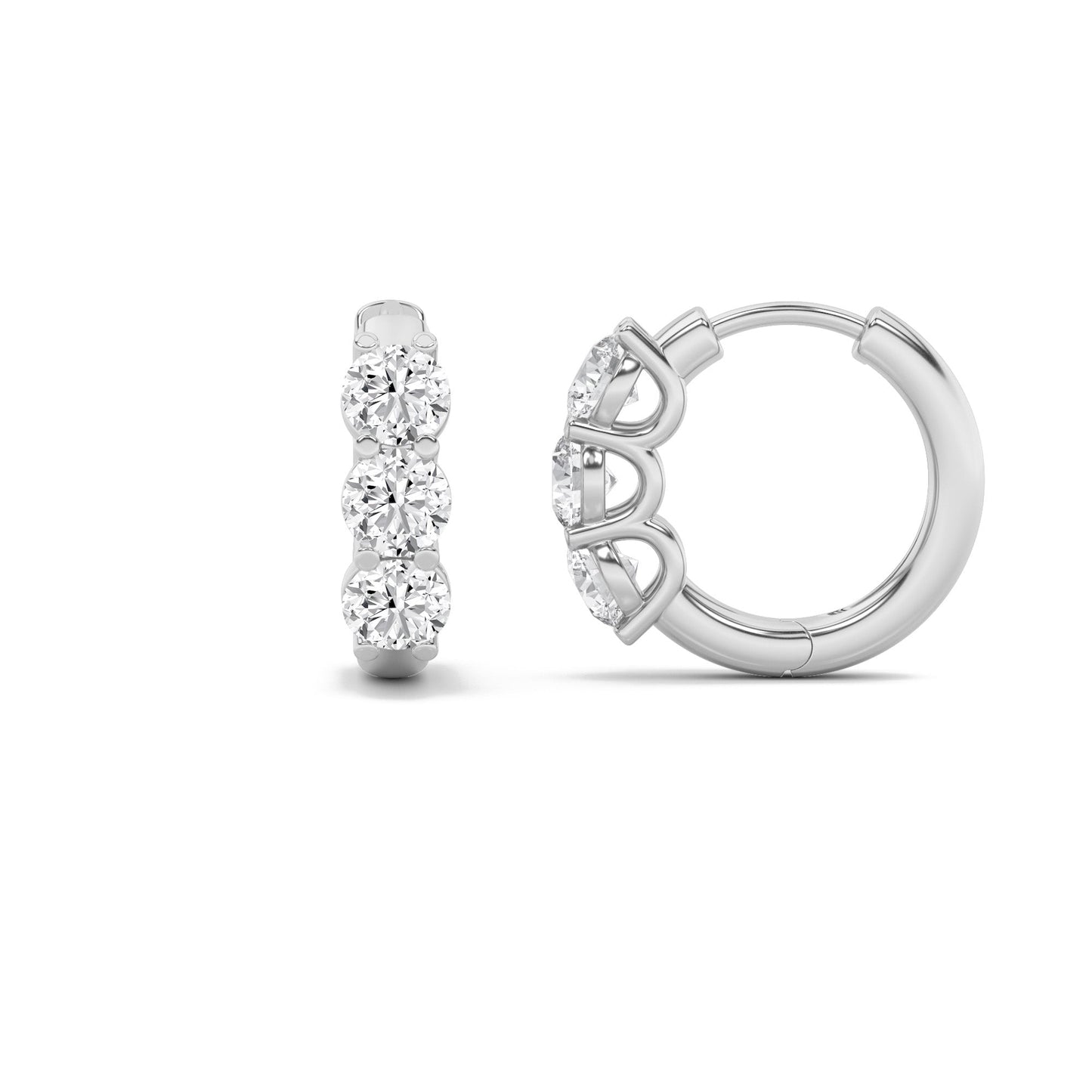 2Cttw Round Shaped Lab Grown Diamond (F/VS) ThreeStone Huggie Earrings in 14K Gold