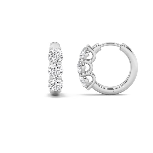 2Cttw Round Shaped Lab Grown Diamond (F/VS) ThreeStone Huggie Earrings in 14K Gold