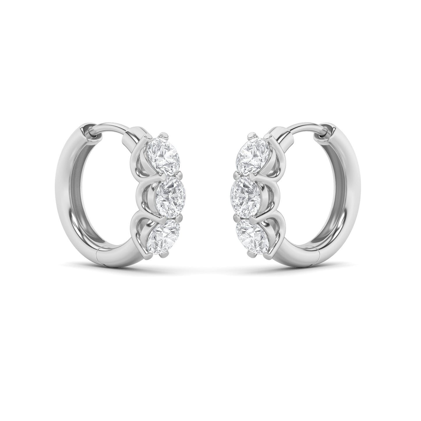 2Cttw Round Shaped Lab Grown Diamond (F/VS) ThreeStone Huggie Earrings in 14K Gold