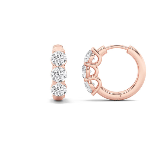 2Cttw Round Shaped Lab Grown Diamond (F/VS) ThreeStone Huggie Earrings in 14K Gold