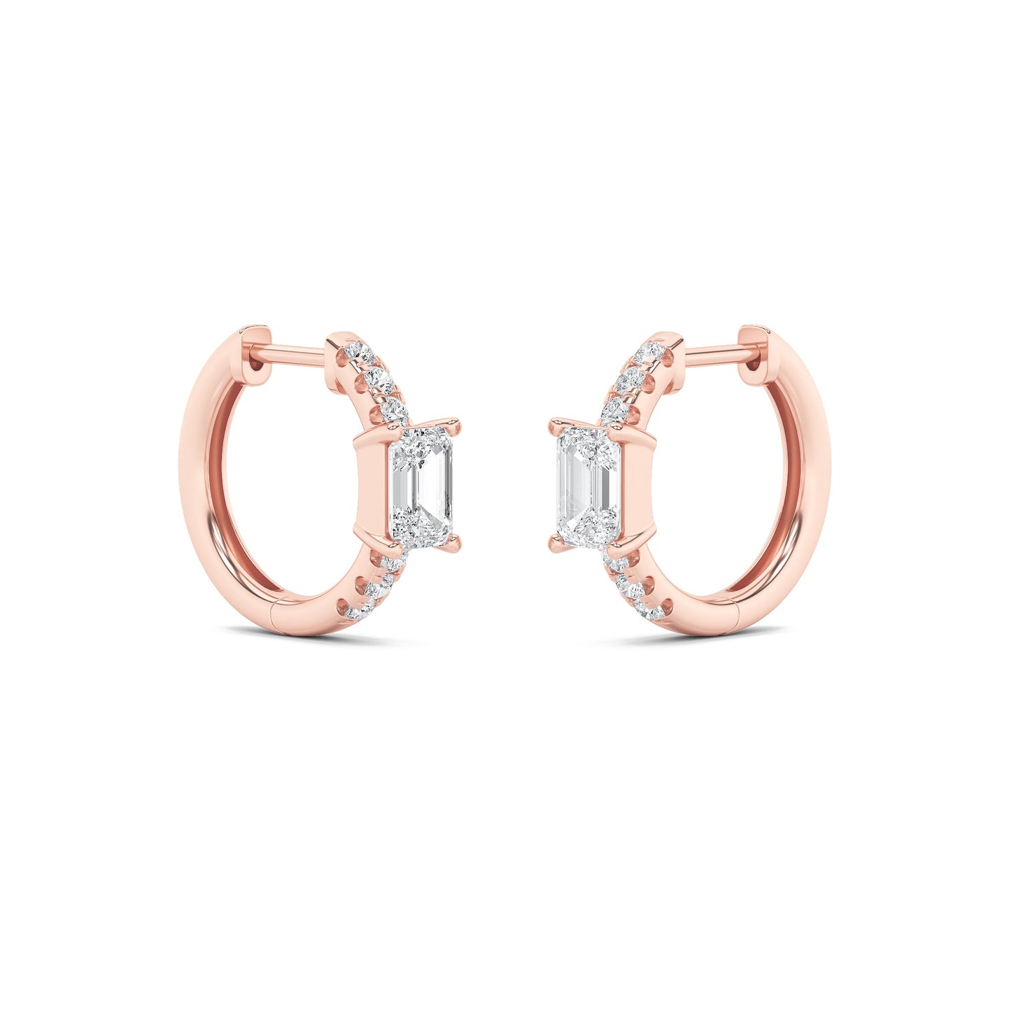 1.5Cttw Emerald Shaped Lab Grown Diamond (F/VS) Solitare Accent Huggie Earrings in 14K Gold