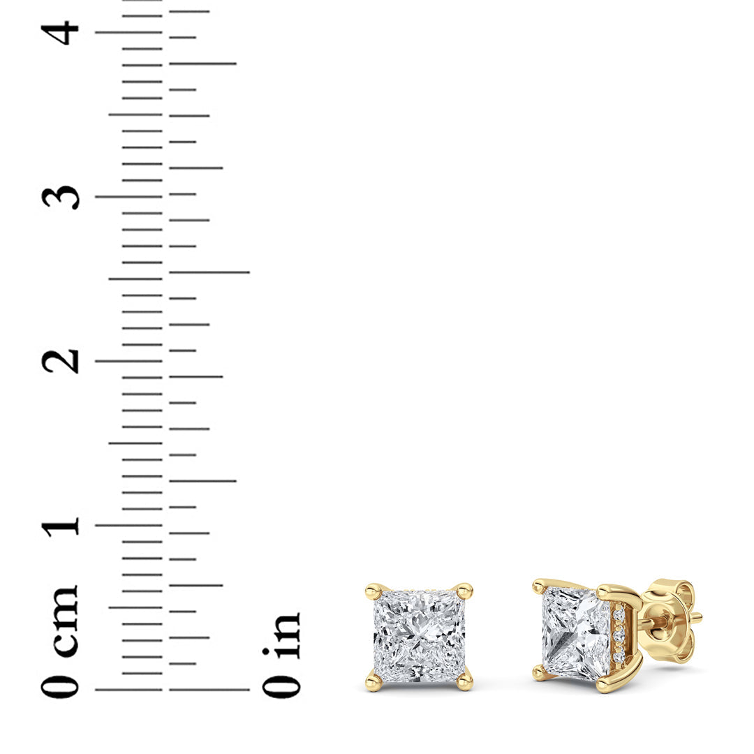 Princess Shaped Lab Grown Diamond (F/VS) Hidden Halo Stud Earrings in 14K Gold