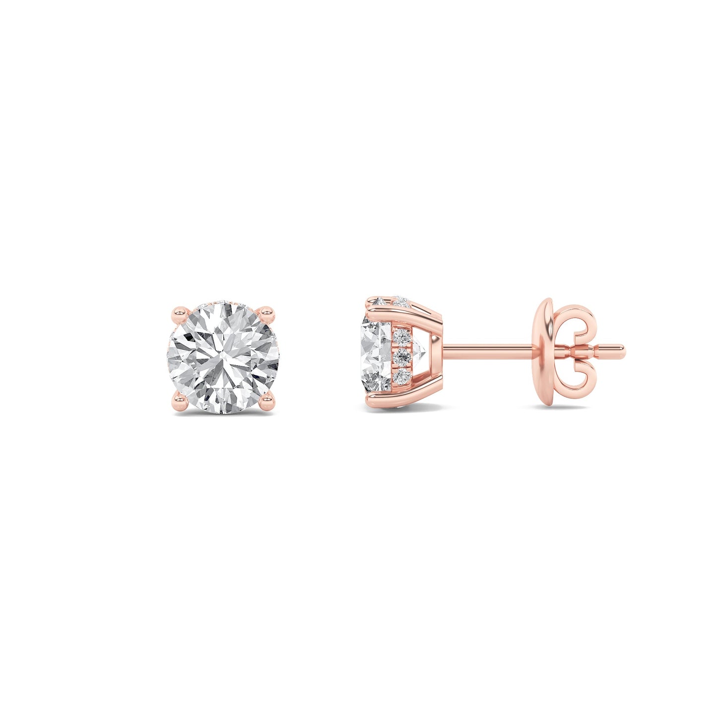 Round Shaped Lab Grown Diamond Hidden Halo Stud Earrings in 14K Gold
