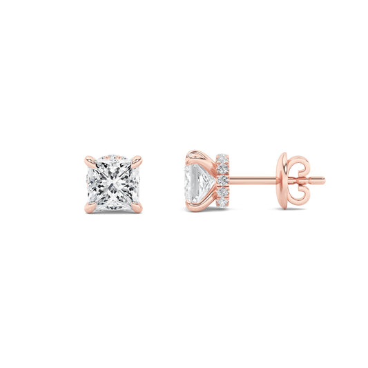Princess Shaped Lab Grown Diamond (F/VS) Hidden Halo Stud Earrings in 14K Gold