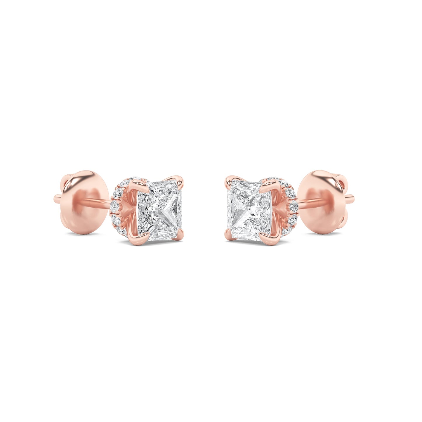 Princess Shaped Lab Grown Diamond (F/VS) Hidden Halo Stud Earrings in 14K Gold
