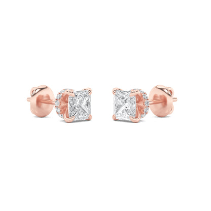 Princess Shaped Lab Grown Diamond (F/VS) Hidden Halo Stud Earrings in 14K Gold