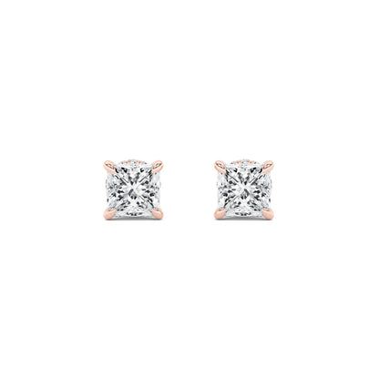 Princess Shaped Lab Grown Diamond (F/VS) Hidden Halo Stud Earrings in 14K Gold