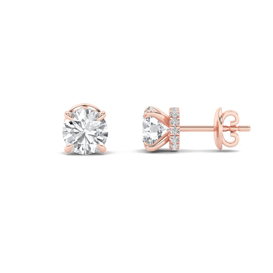 3Cttw Round Shaped Lab Grown Diamond (F/VS) Hidden Halo Stud Earrings in 14K Gold