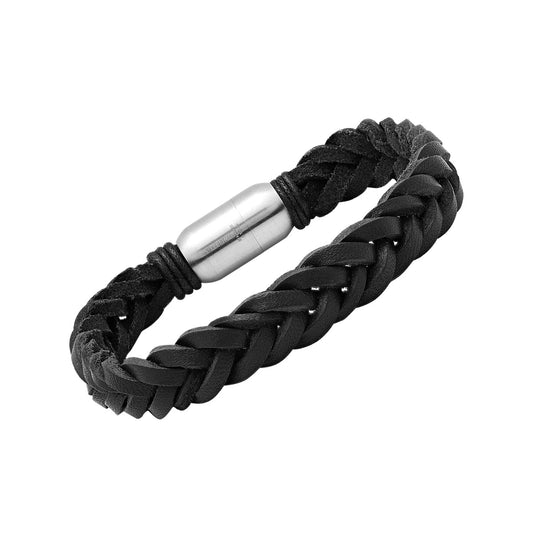 Braided Black Leather Bracelet with Stainless Steel Clasp