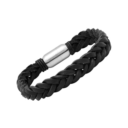 Braided Black Leather Bracelet with Stainless Steel Clasp