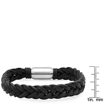 Braided Black Leather Bracelet with Stainless Steel Clasp