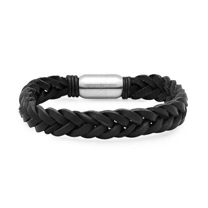 Braided Black Leather Bracelet with Stainless Steel Clasp