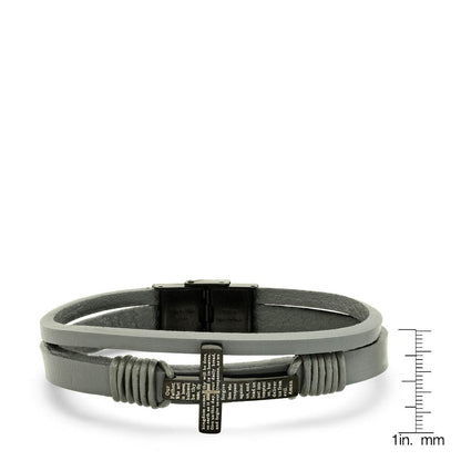 Gray Leather And Black Ip Stainless Steel Cross With Our Father Prayer Bracelet