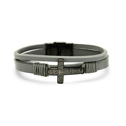 Gray Leather And Black Ip Stainless Steel Cross With Our Father Prayer Bracelet