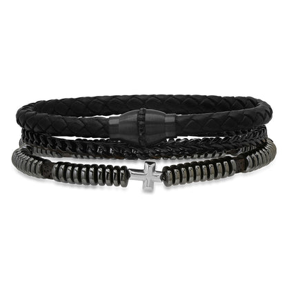Black Braided Leather, Black Ip Stainless Steel, Simulated Black Diamonds, Hematite And Black Lava Beads 3Pc Bracelets Set