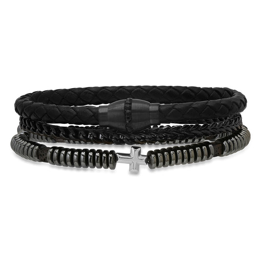 Black Braided Leather, Black Ip Stainless Steel, Simulated Black Diamonds, Hematite And Black Lava Beads 3Pc Bracelets Set