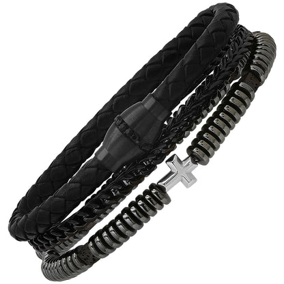 Black Braided Leather, Black Ip Stainless Steel, Simulated Black Diamonds, Hematite And Black Lava Beads 3Pc Bracelets Set