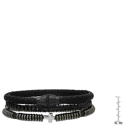 Black Braided Leather, Black Ip Stainless Steel, Simulated Black Diamonds, Hematite And Black Lava Beads 3Pc Bracelets Set