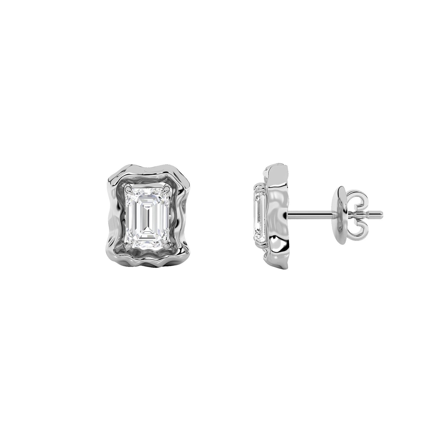 1.5Cttw Emerald Shaped Lab Grown Diamond (F/VS) Organic Design Stud Earrings in 14K Gold