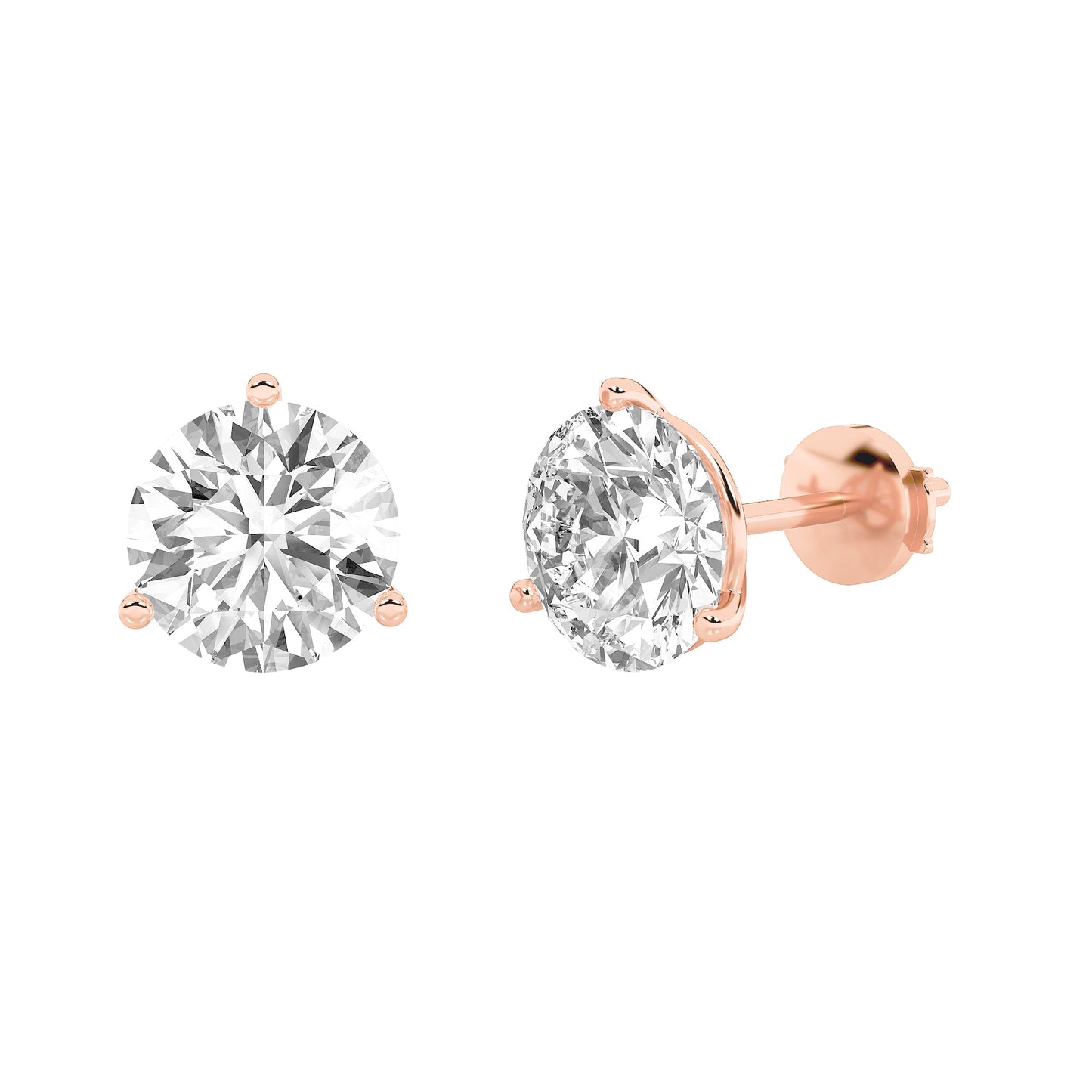 Round Shaped Lab Grown Diamond Three Prong Martini Stud Earrings in 14K Gold