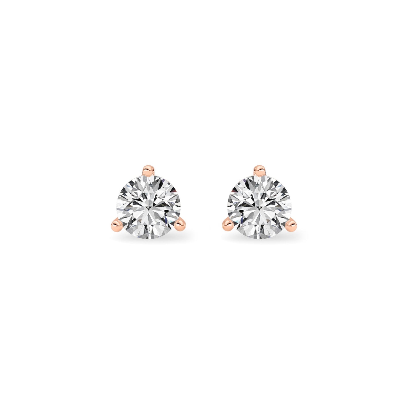 Round Shaped Lab Grown Diamond Three Prong Martini Stud Earrings in 14K Gold