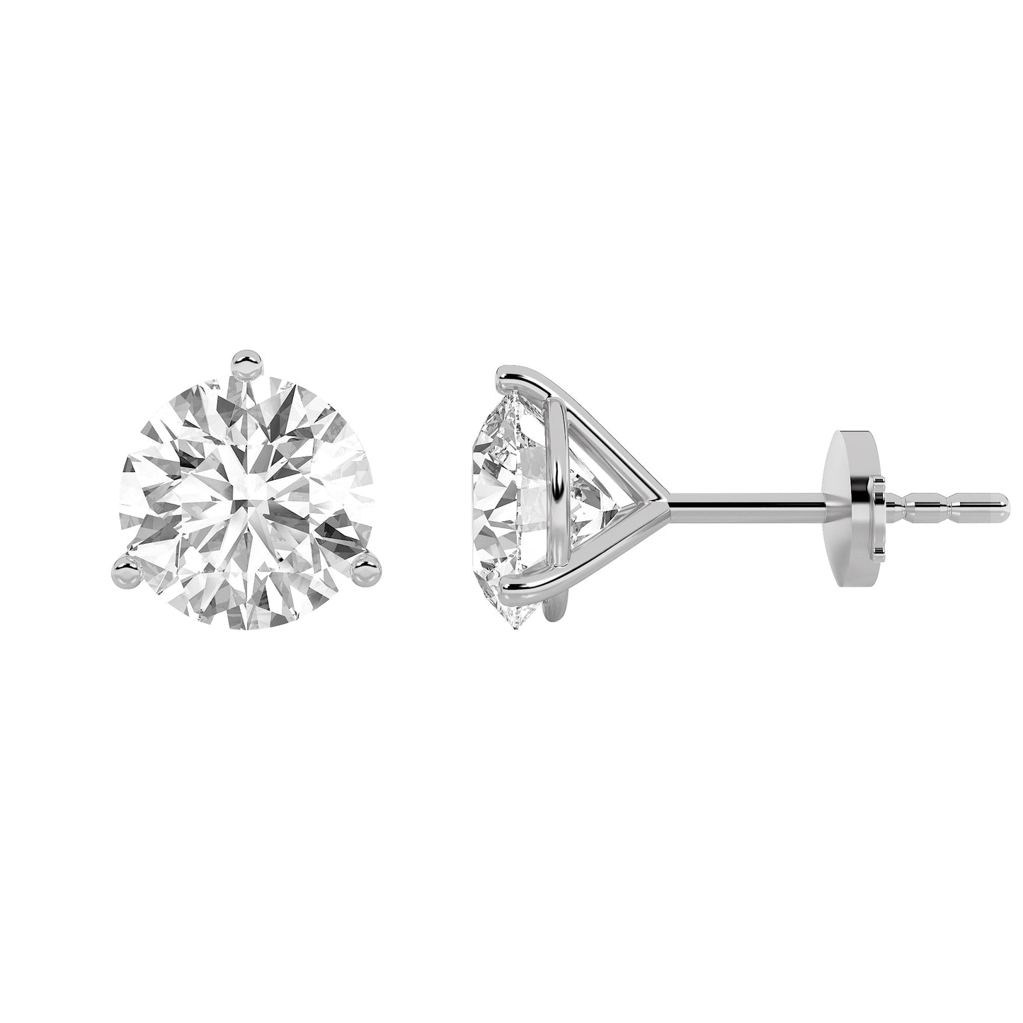 Round Shaped Lab Grown Diamond Three Prong Martini Stud Earrings in 14K Gold