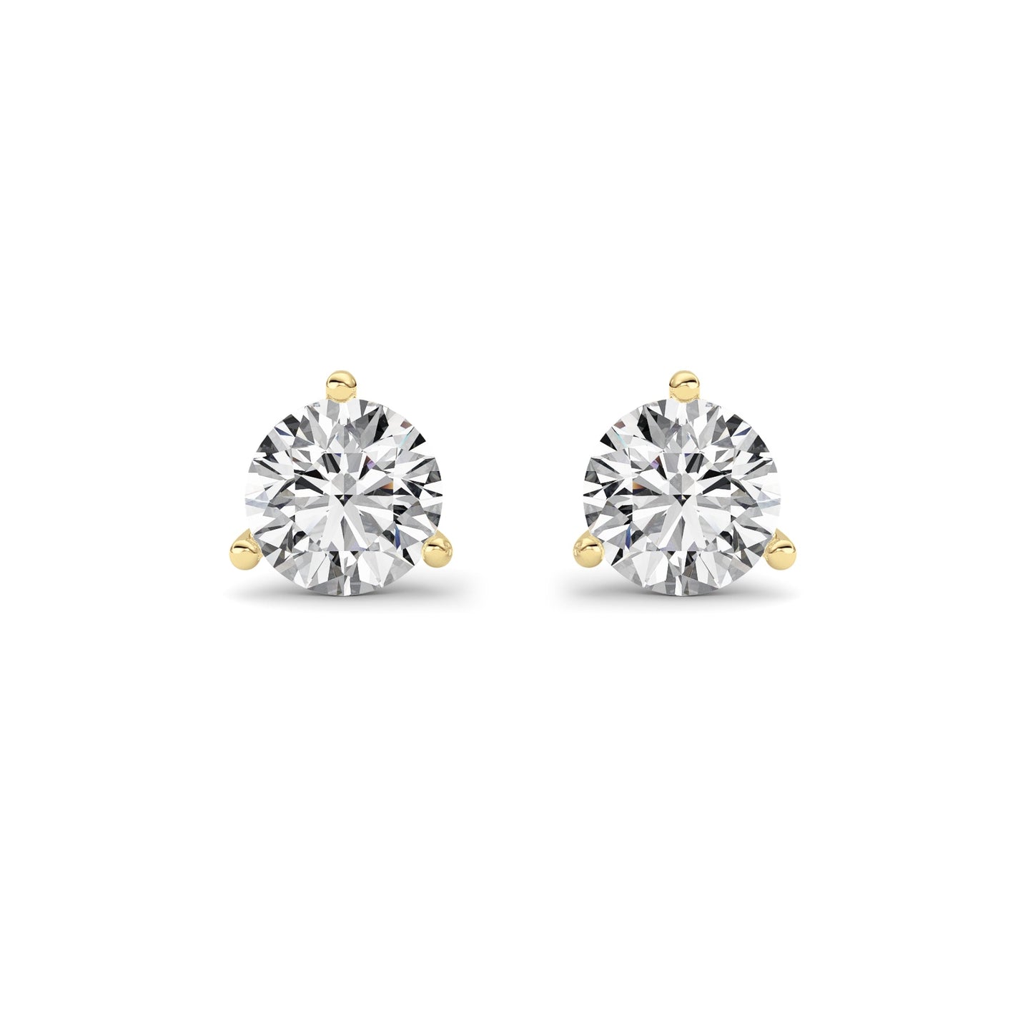 Round Shaped Lab Grown Diamond Three Prong Martini Stud Earrings in 14K Yellow Gold