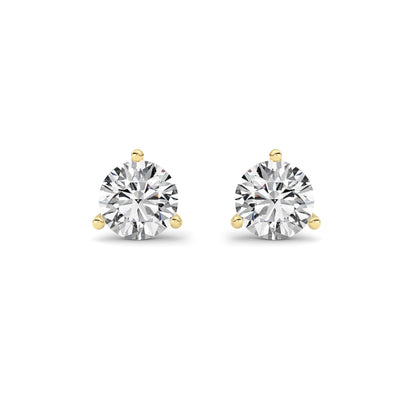 Round Shaped Lab Grown Diamond Three Prong Martini Stud Earrings in 14K Yellow Gold