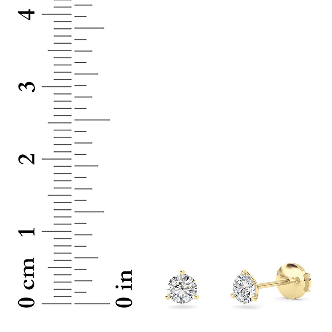 Round Shaped Lab Grown Diamond Three Prong Martini Stud Earrings in 14K Yellow Gold
