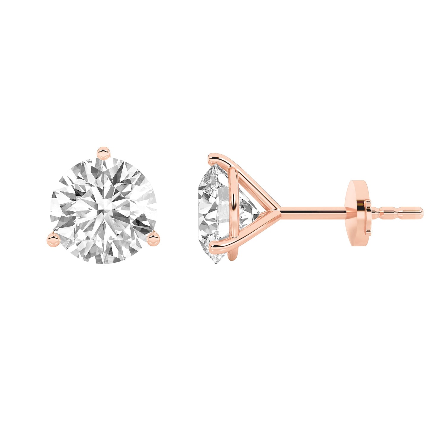 Round Shaped Lab Grown Diamond Three Prong Martini Stud Earrings in 14K Gold