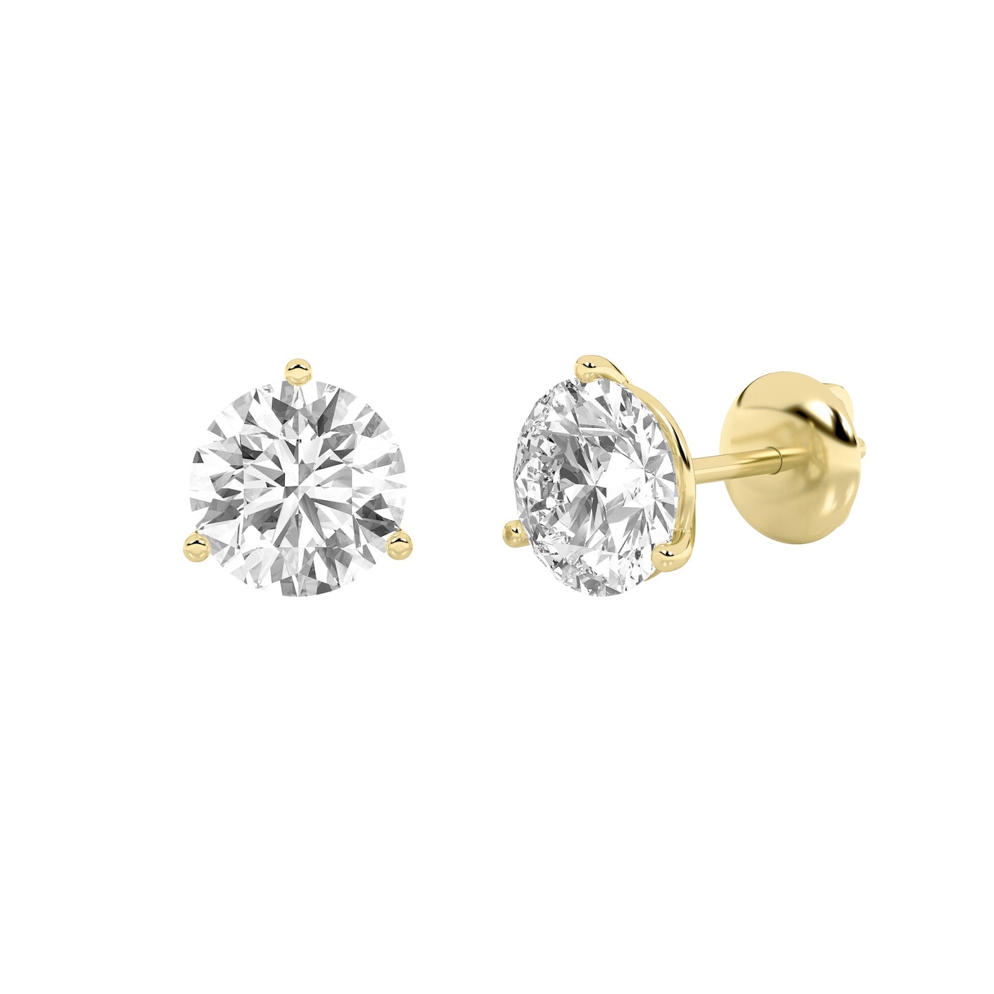 Round Shaped Lab Grown Diamond Three Prong Martini Stud Earrings in 14K Yellow Gold