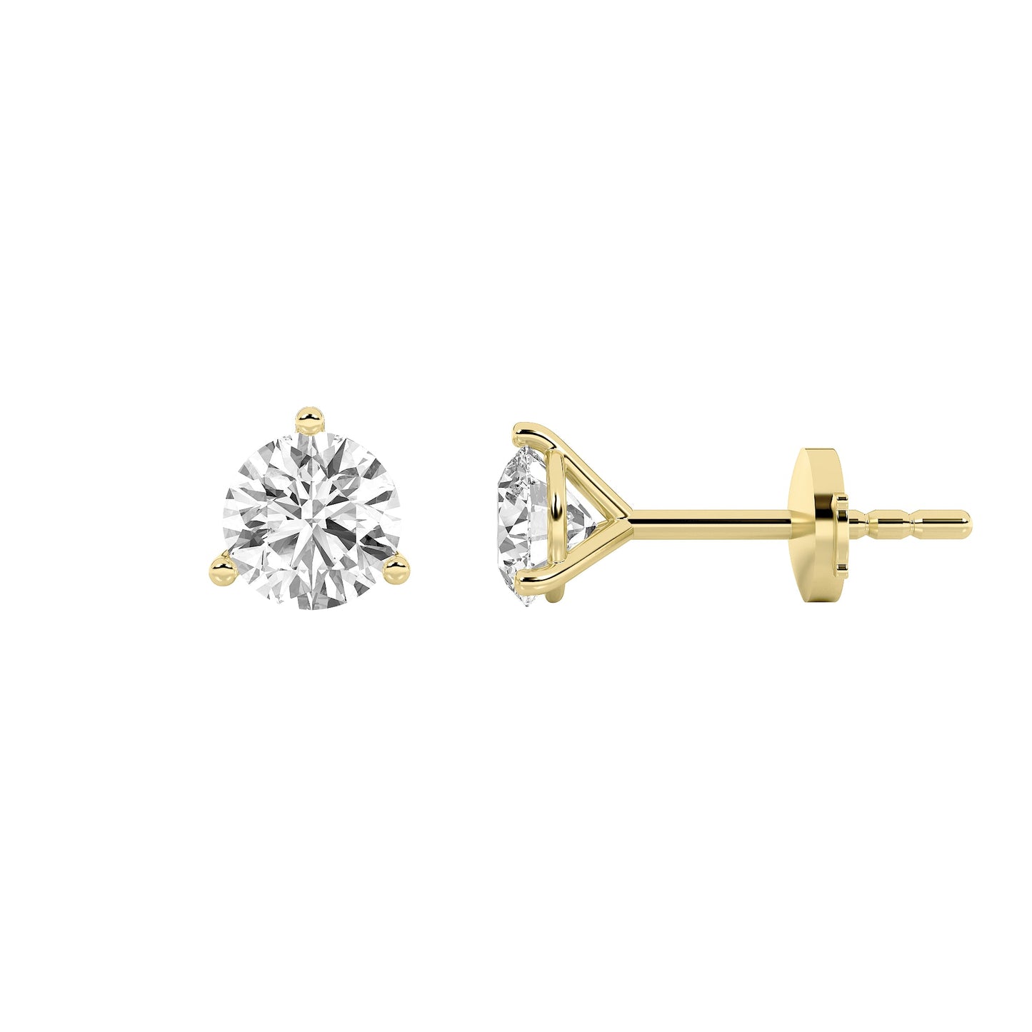 Round Shaped Lab Grown Diamond Three Prong Martini Stud Earrings in 14K Yellow Gold