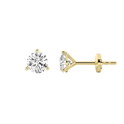 Round Shaped Lab Grown Diamond Three Prong Martini Stud Earrings in 14K Yellow Gold